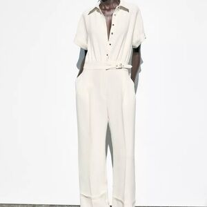Zara Cream Button-Up Jumpsuit with Belt